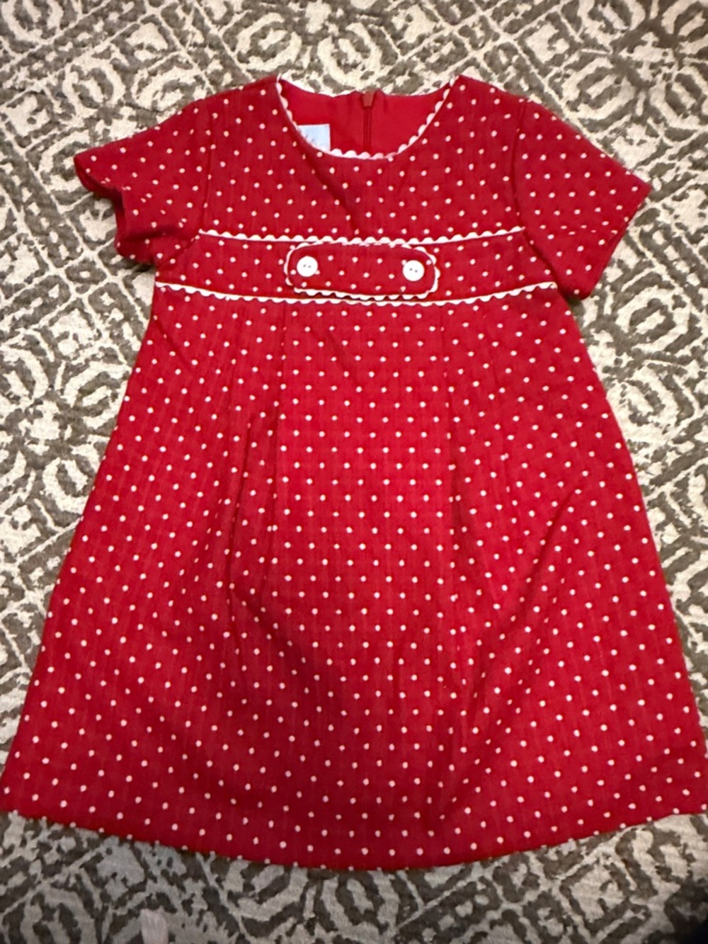 Red Polka Dot Girls' Dress with White Trim